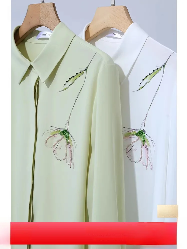 

Новая весенняя женская блузка ручной работы из шифона с цветочным принтом и бисером, свободный драпированный кардиган с воротником, длинный рукав, полиэстер