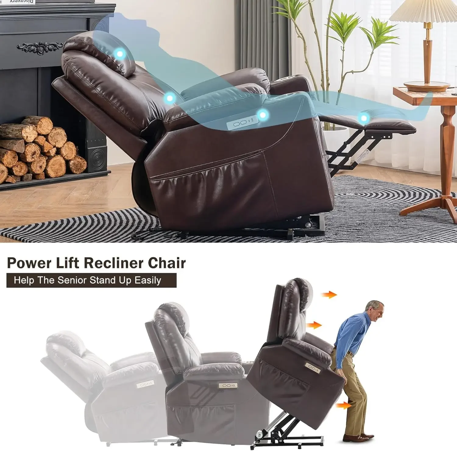 

Large Lift Chairs Recliners for Elderly with Massage and Heat, Upgraded Breathable Leather Power Lift Chairs for Seniors