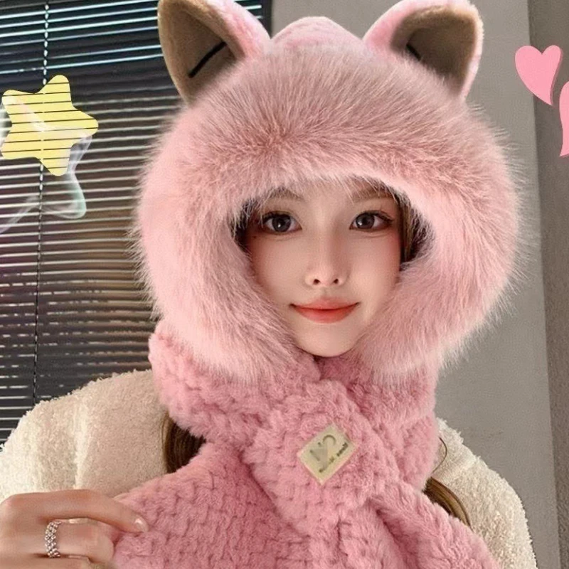 Herbst- und Winter-Teddybärmützen für Damen, Schals, niedlich, dick, warm, kältebeständig, kleines Gesicht, Reiten von Elektrofahrrädern, winddicht