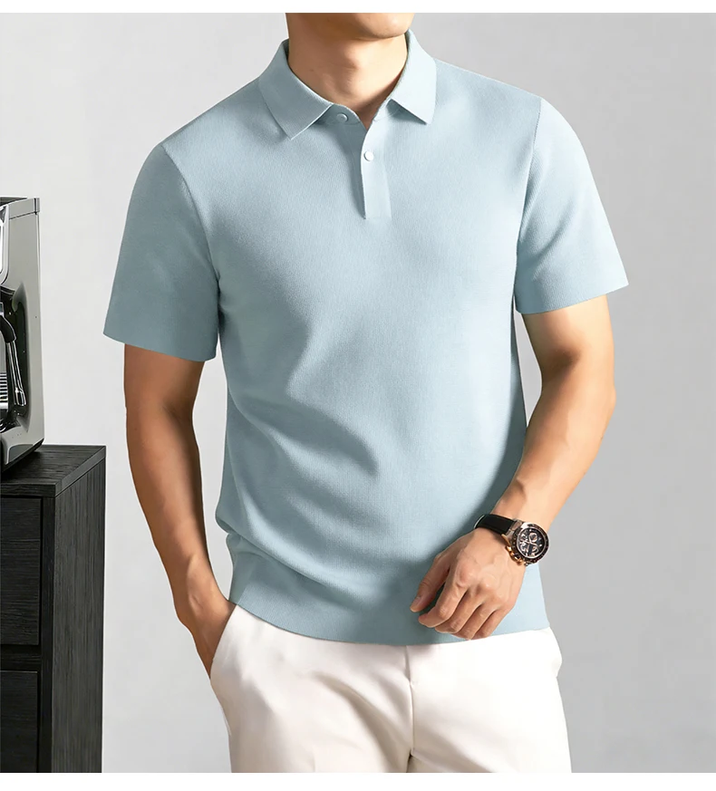 Modisches, einfarbiges Kurzarm-Poloshirt aus luxuriöser atmungsaktiver Eisseide für Herren Sommer Business Casual, bequem, vielseitig, T-Shirt – Detail 12