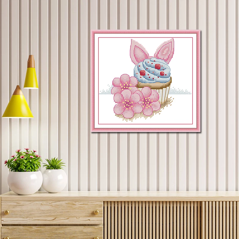 JoySunday Peach Blossom And Cake Painting Print Cross Stitch Kits Aida Fabric 16CT DIY Folk Craft Needle Handmade Embroidery Set