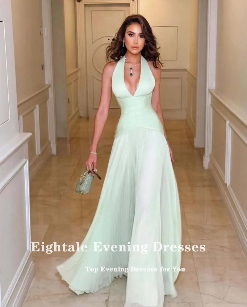 Eightale Arabic Evening Dress Halter Pleats Backless A-Line Customized Chiffon Floor Length Prom Wedding Party Gown