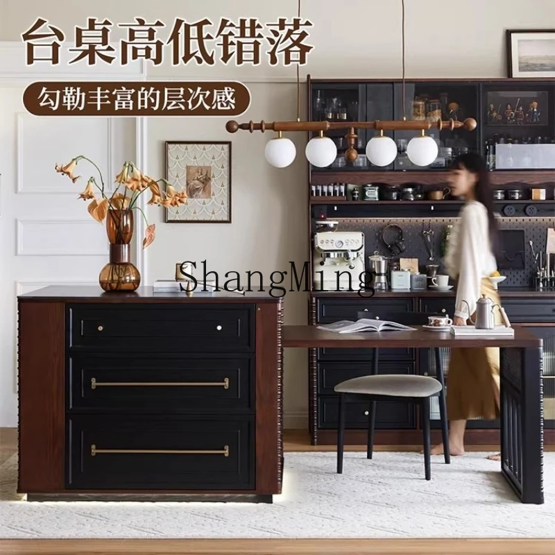 

SM solid wood island family small apartment dining table integrated rock slab storage table restaurant retro retractable