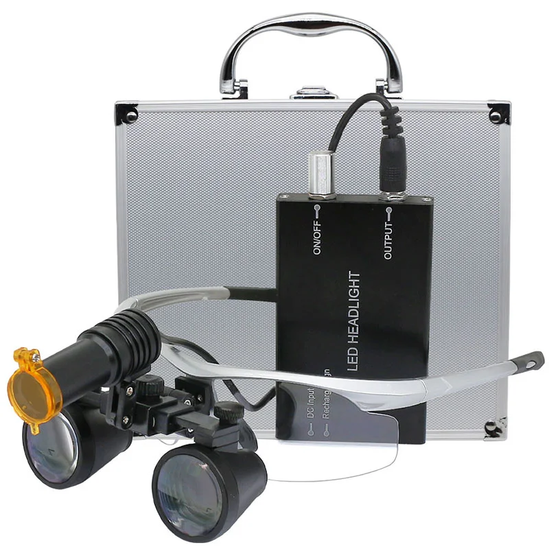 2.5X/3.5X Dental Binocular Loupes 5W LED Medical Headlight with Yellow Filter Rechargeable Li-ion Battery Aluminum Box