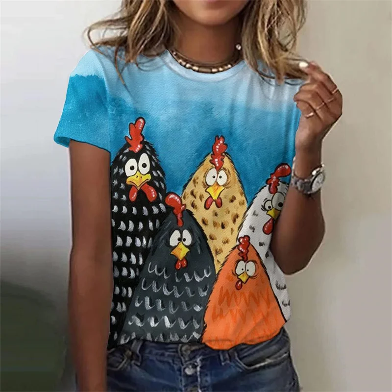 Cartoon Chicken Pattern T Shirt For Women Funny Animal 3D Printed Short Sleeves Summer Tees Oversized T-Shirts Round Neck Tops