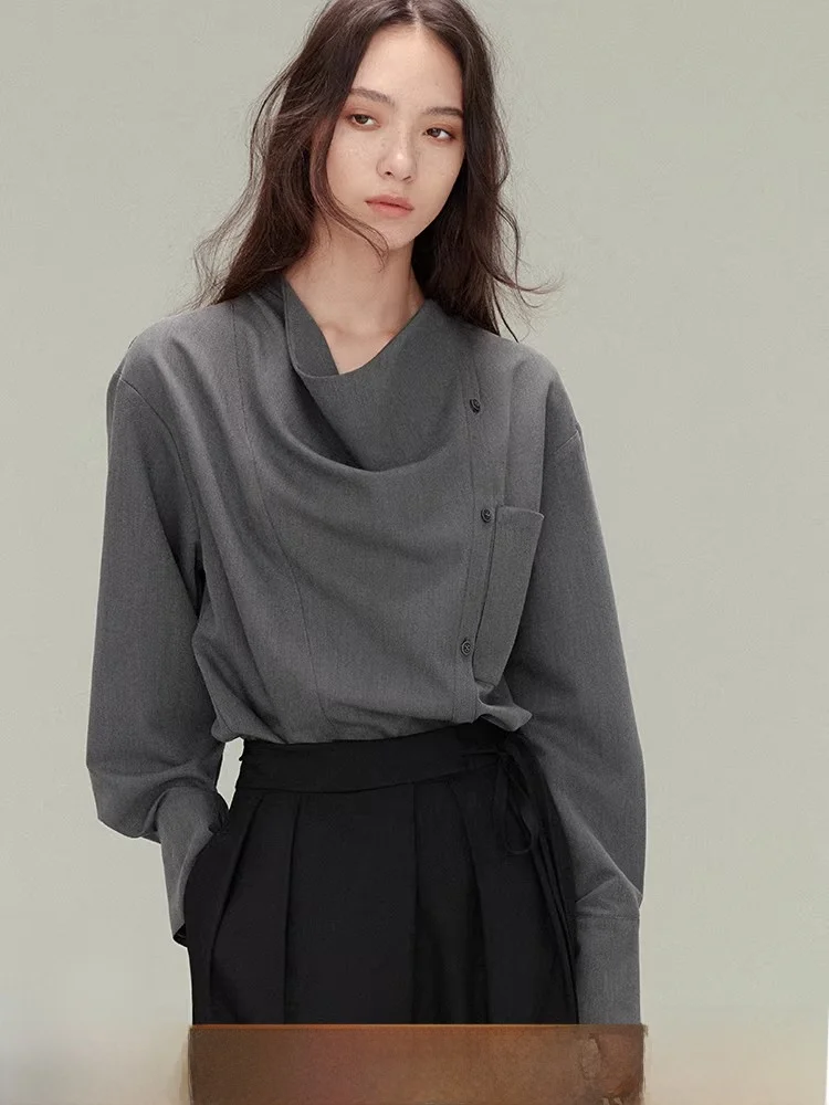 

Retro Loose Ne irt Asymmetric Long Sve Women's Base irt Spring Season Comfortable Fit Button Detail Polyester Blend