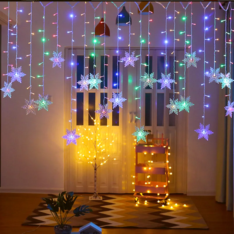 3.2M Snowflake Icicle Curtain String Lights 8 Modes EU US Plug LED Hanging Lamp For Outdoor Window Eaves Xmas Holiday Decoration