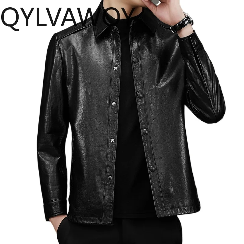 

QYLVAWOY Goatskin Leather Coat Real Leather Jacket Man New Spring Autumn Jackets Lapel Jackets for Man Chaqueta Business Casual