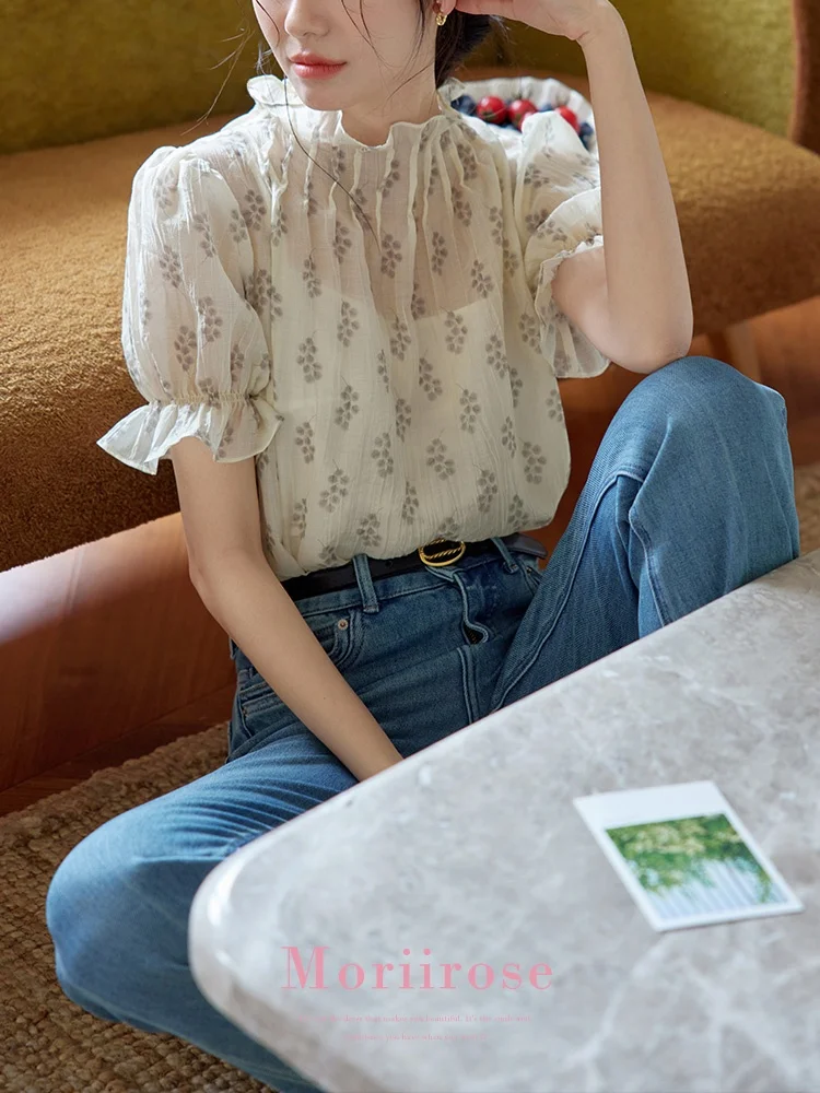 

Moriirose Women's irt Summer Floral Print Design Bubble Sve Stand Collar Vintage Sle Top Straight Cut ort Sve