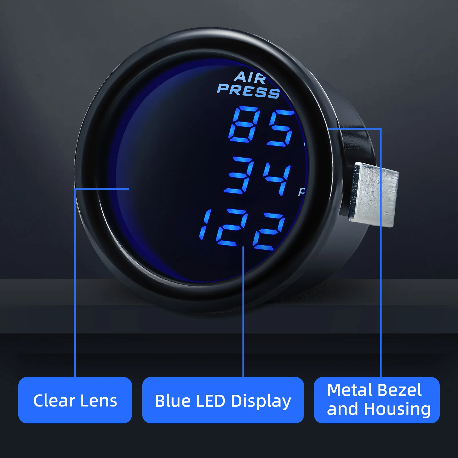 52mm Car Air Pressure Gauge Blue LED Boost Gauges Digital Display 220PSI Air Ride Suspension with 1/8NPT Sensors for Auto Car