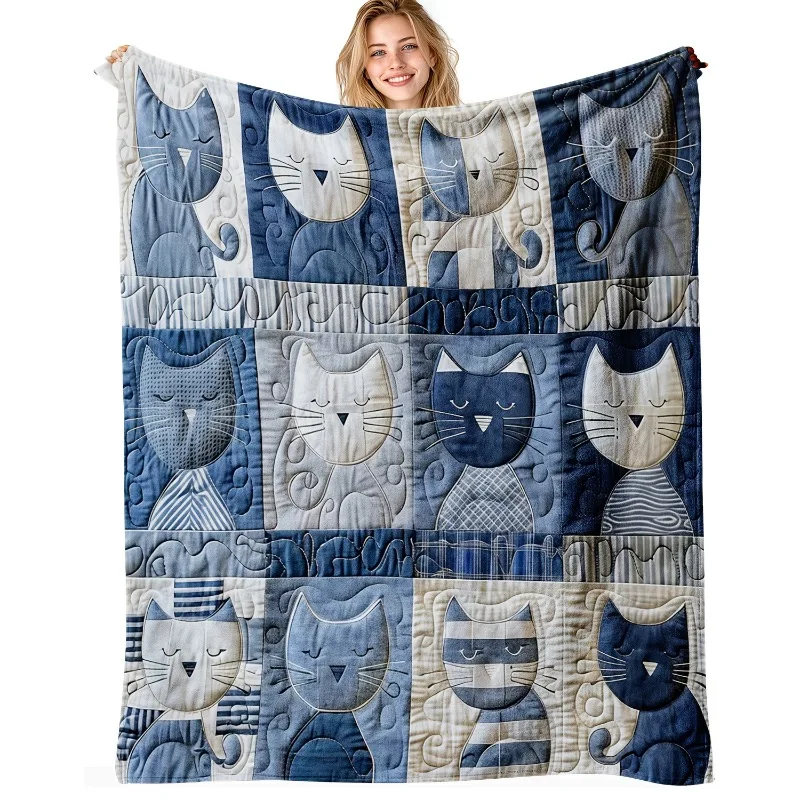 Retro blue and white patchwork cat blanket - soft flannel all year round colorful stripes and solid color block design