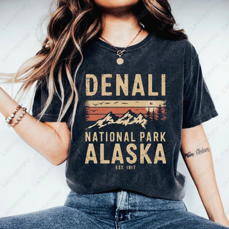 

Denali National Park Alaska Mountain Tshirt Funny Camping Adventurer Lover Camisetas Gifts Men Women Vintage Unisex Adult Tees
