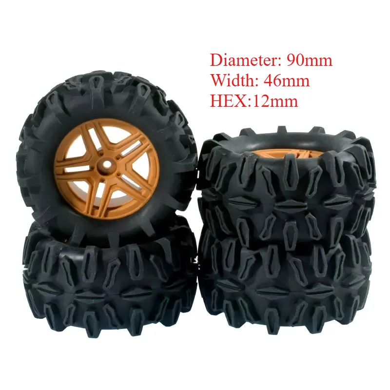 4PCS 90mm 12mm Hex Monster Truck Wheel Rubber Tires for SCY 16101 Pro 16102 Pro WLTOYS 144001 144010 1/16 Off-Road RC CarParts