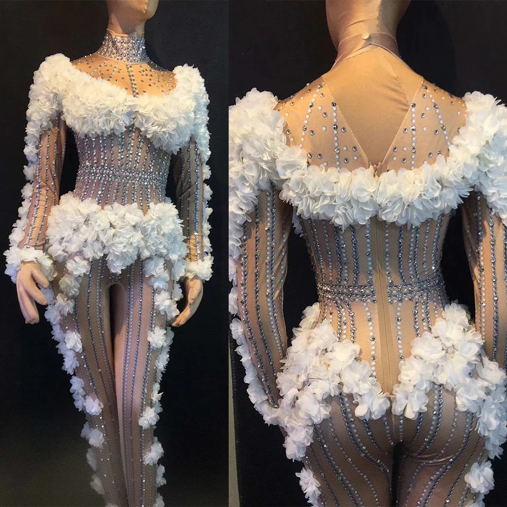 

Occasion Women Jumpsuits Shining Rhinestones White Petal Long Sleeves Sexy Fashion Show Stage Costumes Bar Dance Singer 2026 New