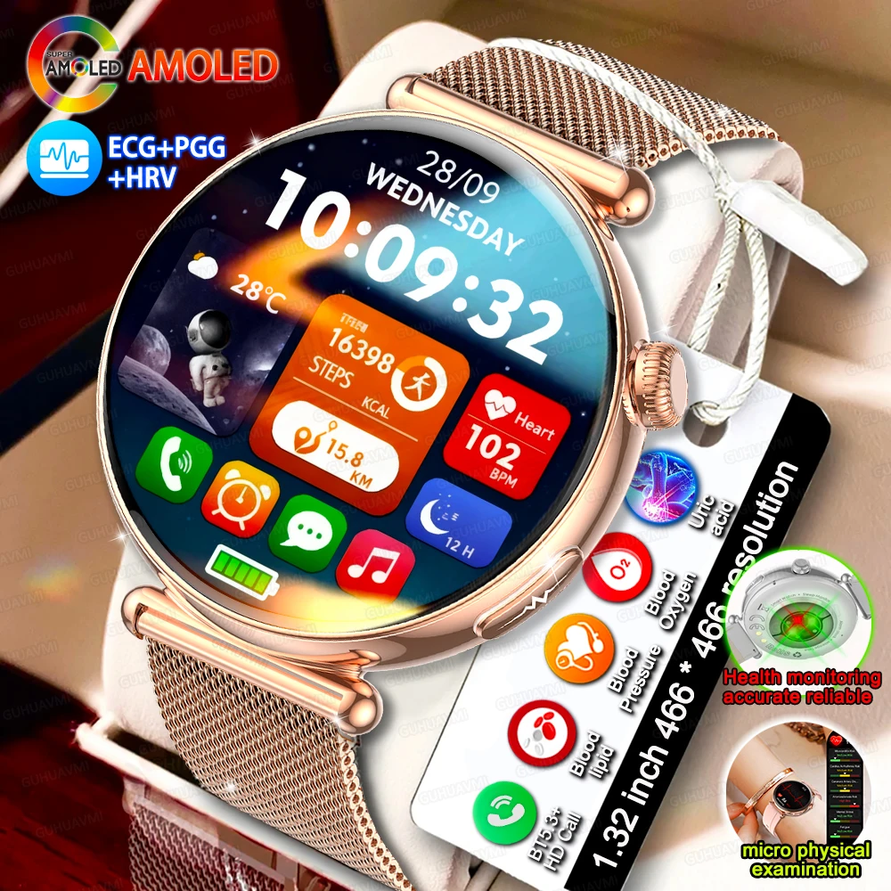 

AI dial Women Smart Watch AMOLED Always on display time ECG Uric acid SPO2 BP Heart health analysis HDCall Sport Smartwatch Lady