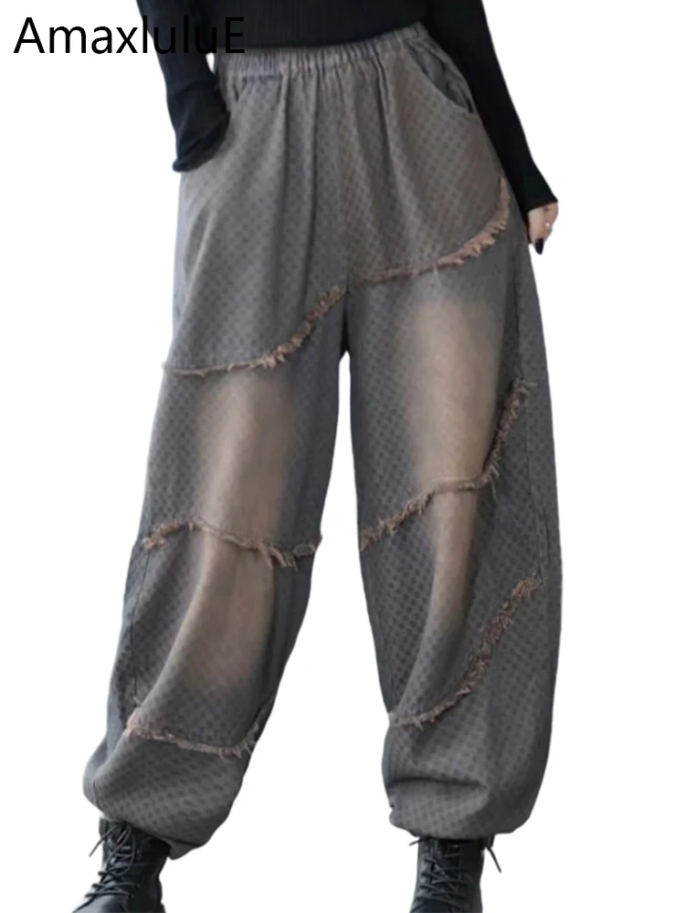 

Amax luluE Womens Spring Fashion Plaid Jeans Loose Classic Casual Harem Trousers Ladies Vintage Elastic High Waist Denim Pants