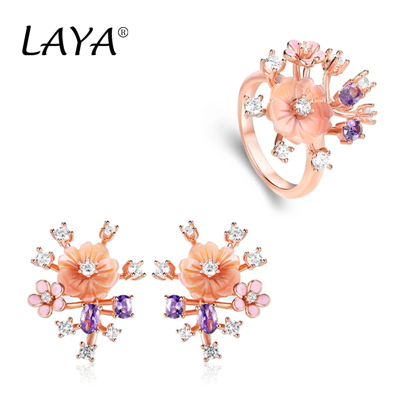 

Серьги и кольцо LAYA, стерлинговое серебро 925 пробы, модные блестящие цирконы, розовый, черный цветок, женские свадебные модные ювелирные изделия