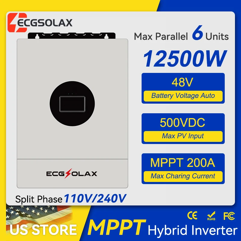 ECGSOLAX 12.5KW Hybrid Solar Inverter 48V 110V/240V Split Phase Pure Sine Wave Inverter With MPPT 200A Charging controller PV 500V