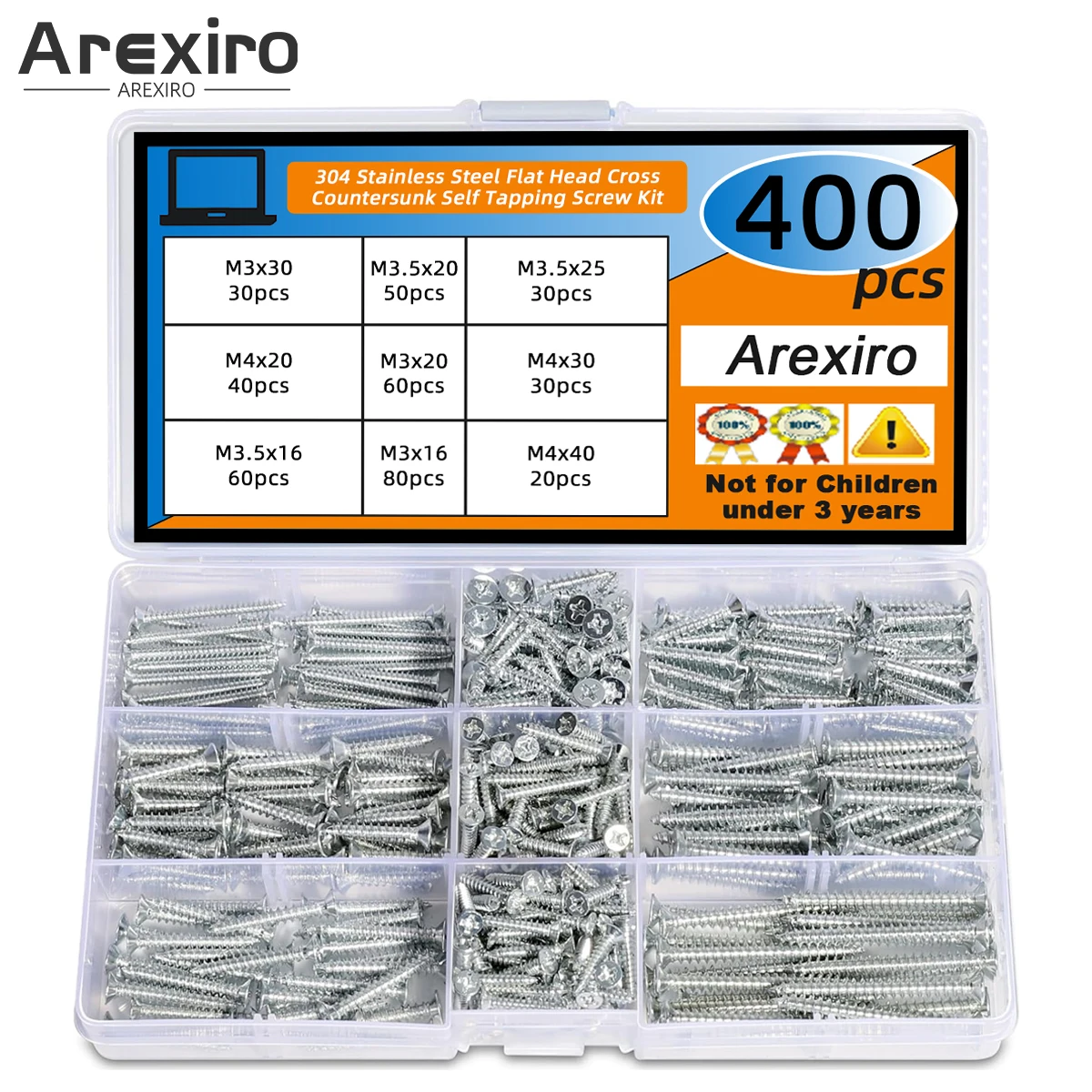 400PCS Wood Screws Assortment, M3, M3.5, M4, Countersunk Self Tapping Screws, Zinc Coated, DIY, Furniture Repairs