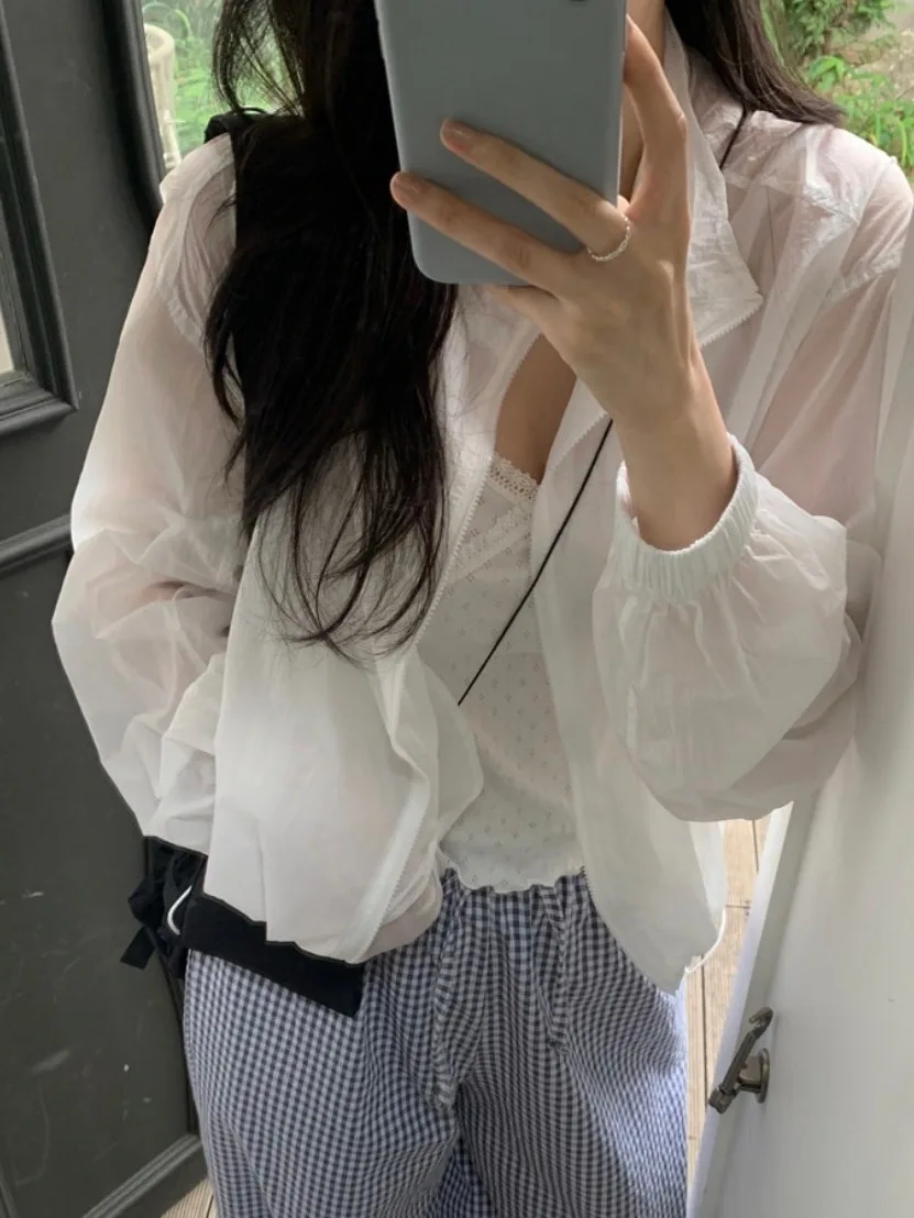 

Korean Sle Thin ort Outerwear Women's Summer New Design Dstring Long Sve Fre Age-Reducing Transparent Trendy Top