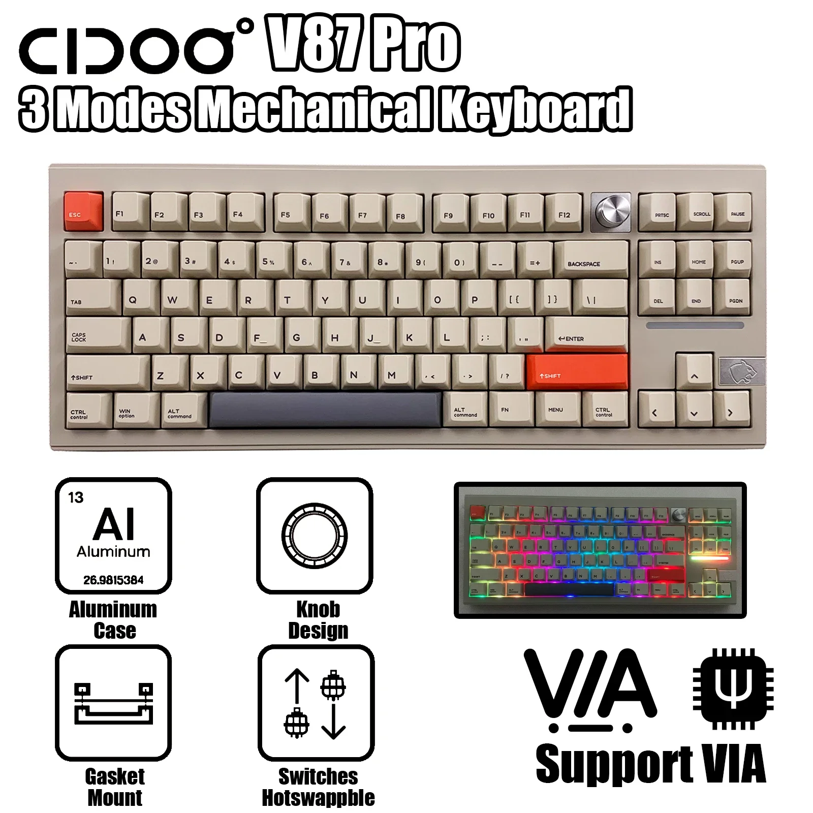 

Cidoo V87 PRO Wireless Mechanical Keyboard TKL VIA Programmable 80% Layout Aluminum Knob 3 Modes RGB PBT Keycaps Hotswappble