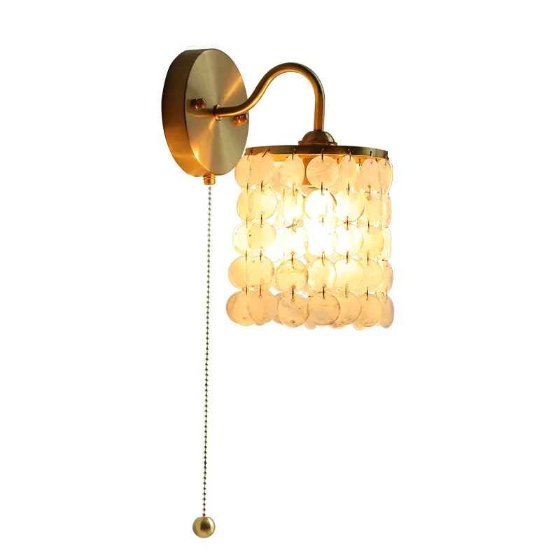 

Japanese-style shell wall lamp bedroom bedside lamp retro literary homestay creative personality all copper with switch cable