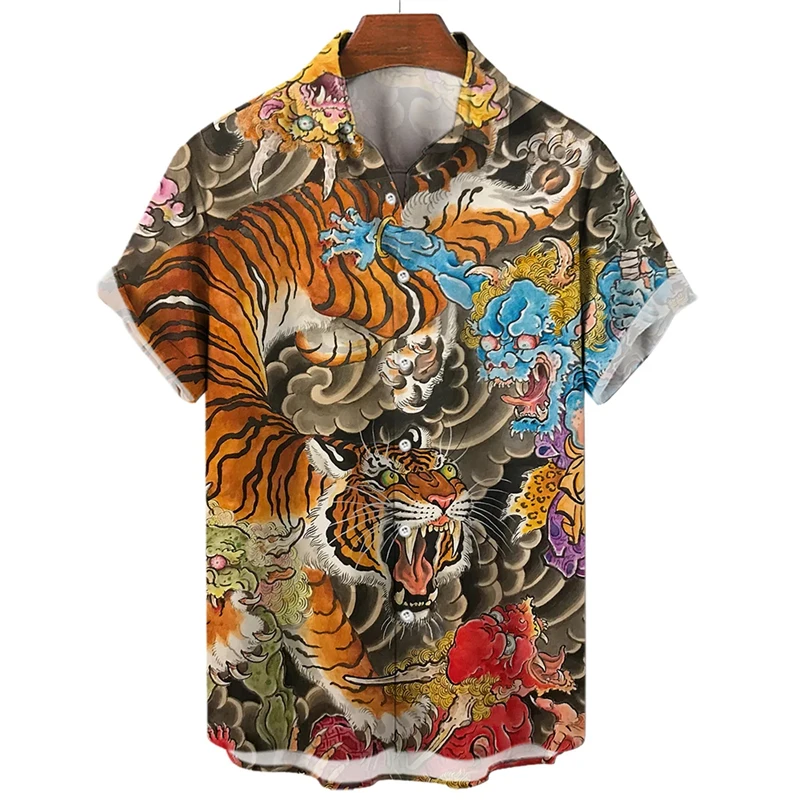 Tijger Patroon Shirt Zomer Jager Korte Mouw Heren Shirts Anime Print Y 2K Tops Casual Revers Oversized Met Korte Mouwen