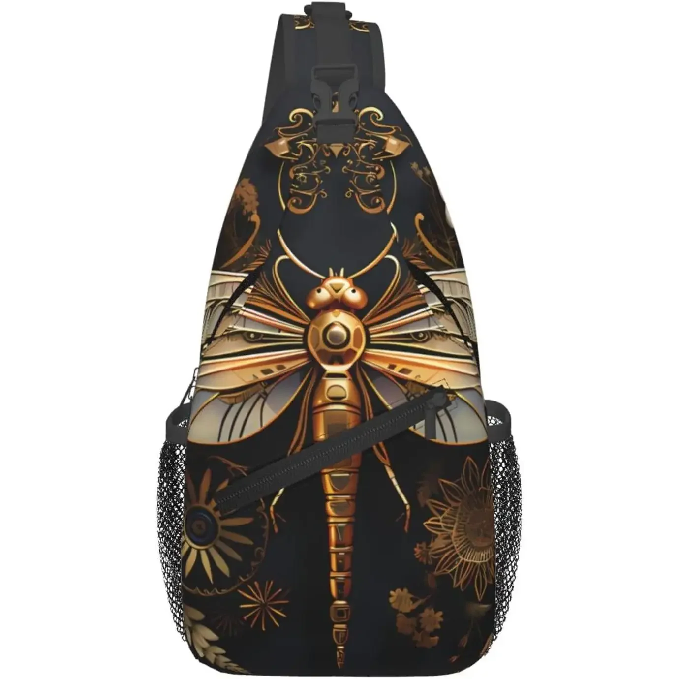 Gold Exquisite Dragonfly Pattern Crossbody Bag Lightweight Shoulder Bag Hiking Daypack Chest Bag Small Backpack for Women Men