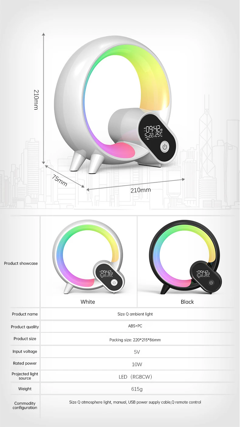 Creative Q Colorful Atmosphere Light Bluetooth Speaker RGB Desk Lamp with White Noise Digital Sunrise Wake Up Light Alarm Clock