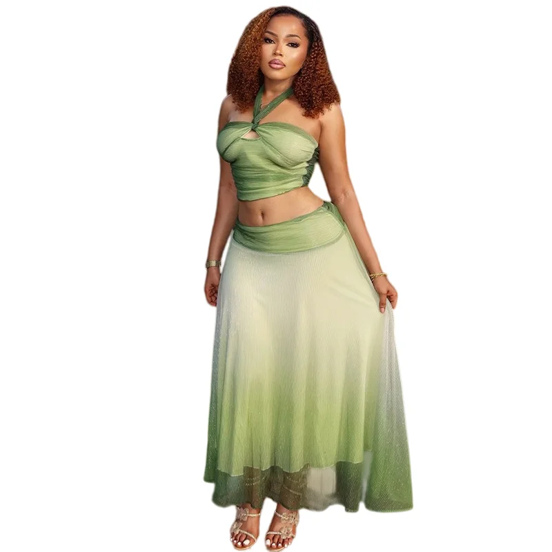 2 Piece Set Women's Lace-Up Halter Chest Wrapped Sleeveless Backless Crop Vest Tops & Long Skirt