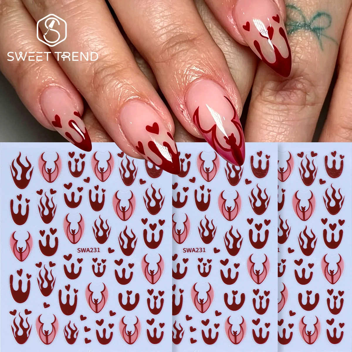 3er-Set blutroter Feuerflammen-Nagelsticker im französischen Stil, glänzende Fledermaus-Herz-Blutungs-Klebefolien, DIY Halloween Maniküre Slider Tips