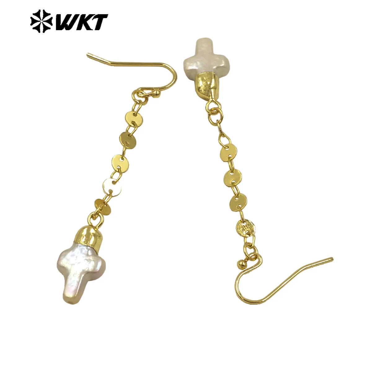 WT-MPE144  Wholesale Natural Pearl cross  connected by  circle Earring With 18k  Real Gold Plated For Women Jewelry