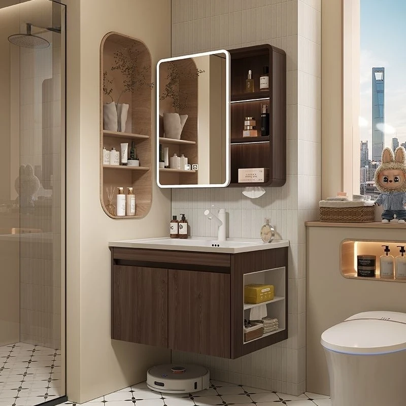Walnut bathroom cabinet combination ceramic integrated wash basin wash basin side small apartment storage compartment