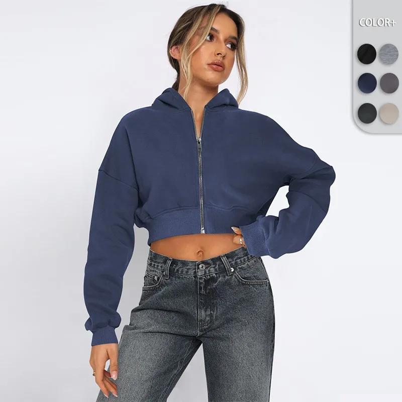

Women's Hooded Sweatshirt Trendy Fashion Off-shoulder Long-sleeved Short High Street Loose Sport Female Zipper Cardigan Top
