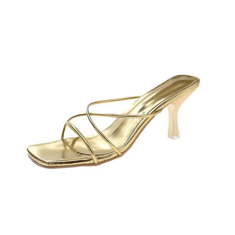 Fashion Middle Heels Women Slippers Outside Summer Shoes for Women Stiletto Slides Thin Cross Strap Slip On Lady Sandals WSH5075