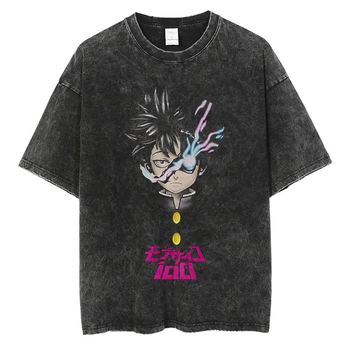 Anime Mob Psycho Vintage Washed Tshirt Unisex Streetwear Harajuku Graphic T-Shirt Cotton Casual T shirt Oversized Short Sleeve view 5
