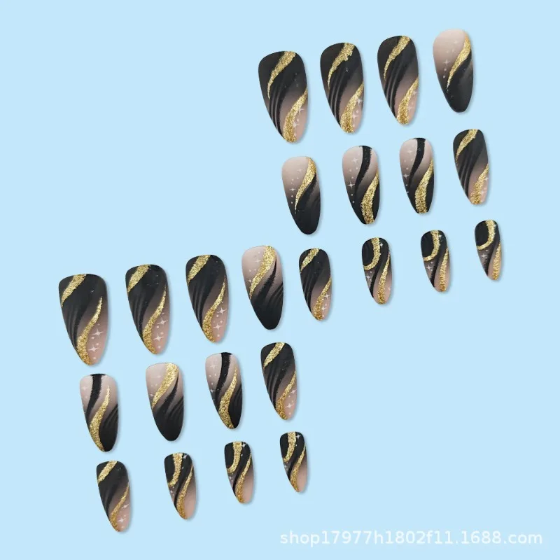 24 Pink Almond False Nails Shiny Golden Ripples Stiletto Fake Detachable Oval Full Cover Press on Tips Manicure