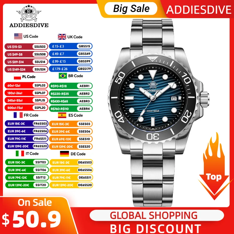 

ADDIESDIVE New Watch 41mm Stainless Steel Diving Watches BWG9 Super Luminous 200m Waterproof Classic Quartz Wristwatch For Men