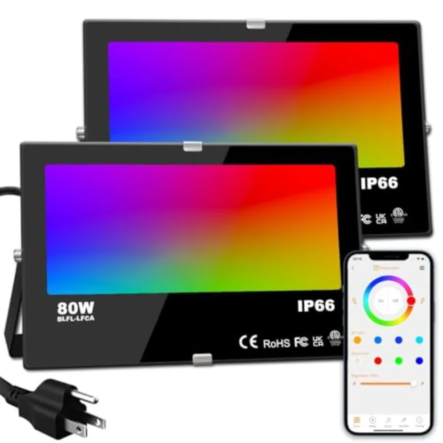 

Светодиодный прожектор 80 Вт 8000 лм для улицы, RGB с изменением цвета, умные прожекторы RGBW 2700K, теплый белый свет и 16 миллионов цветов, 20 режимов