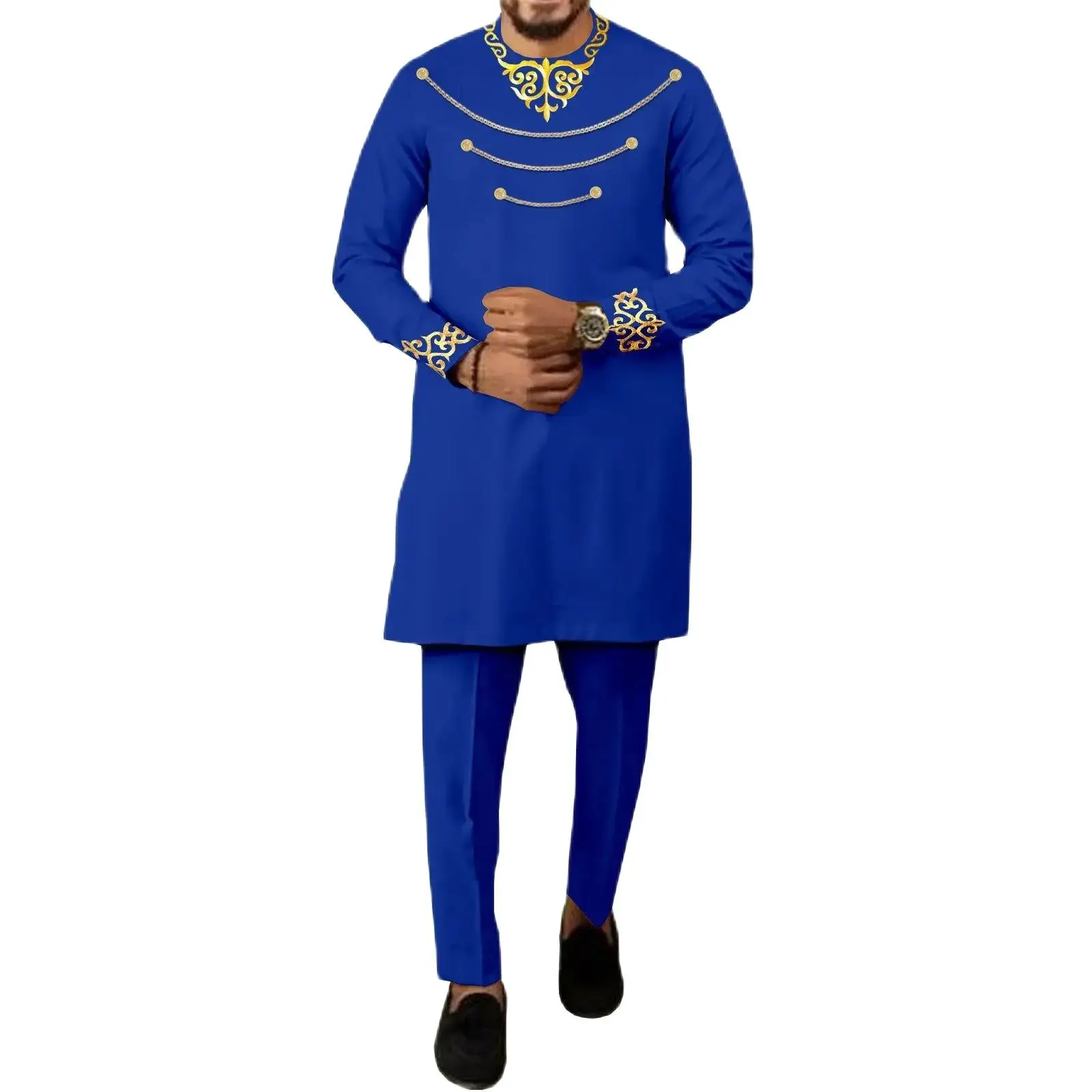 New Fashion African Clothes for Men Three Chain Embroidery Blazer and Pants 2 Piece Set Bazin Riche Outfits for Wedding Evening