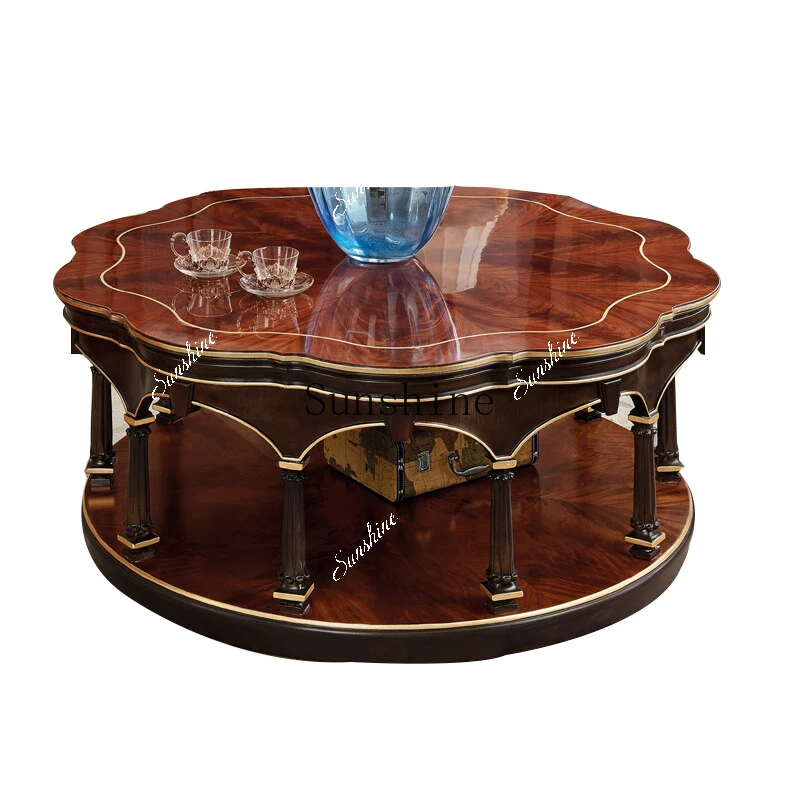 Neoclassical all-solid wood round coffee table high-end living room large coffee table furniture  FT