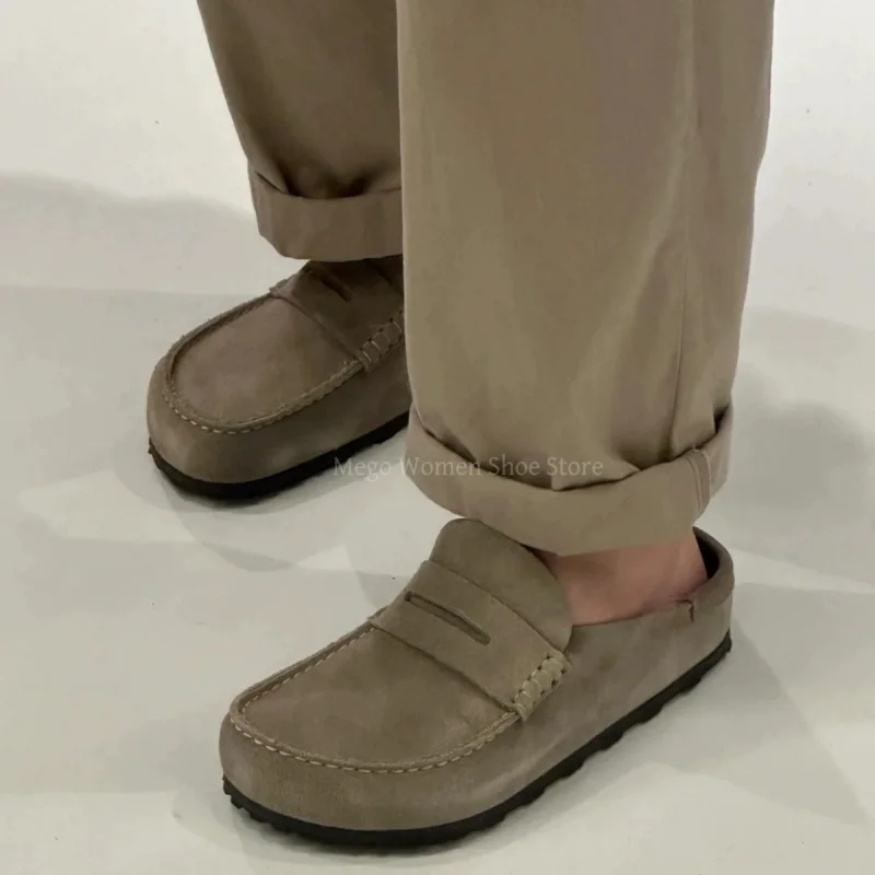 

Khaki Half Shoes Loafers for Outerwear Women and Men Large Size 41-45 Unisex New Thick Soled Half Trailer Flat Sole Single Shoes