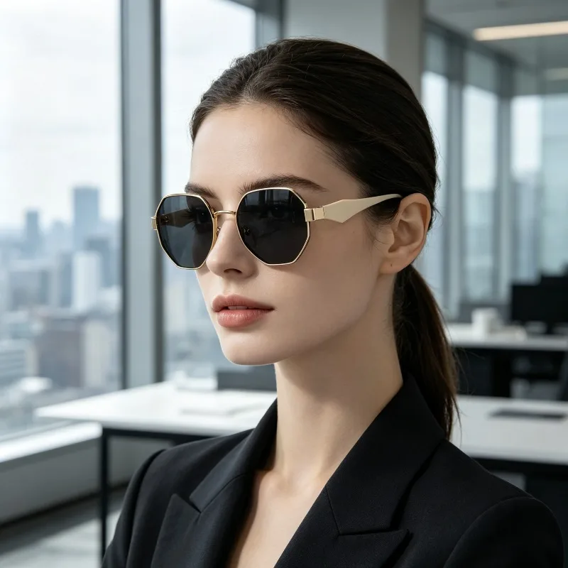 Ladies' High-end Textured Octagonal Frame Glasses Black Leg Smoke Gray Lenses Elegant and Fashionable Color Matching
