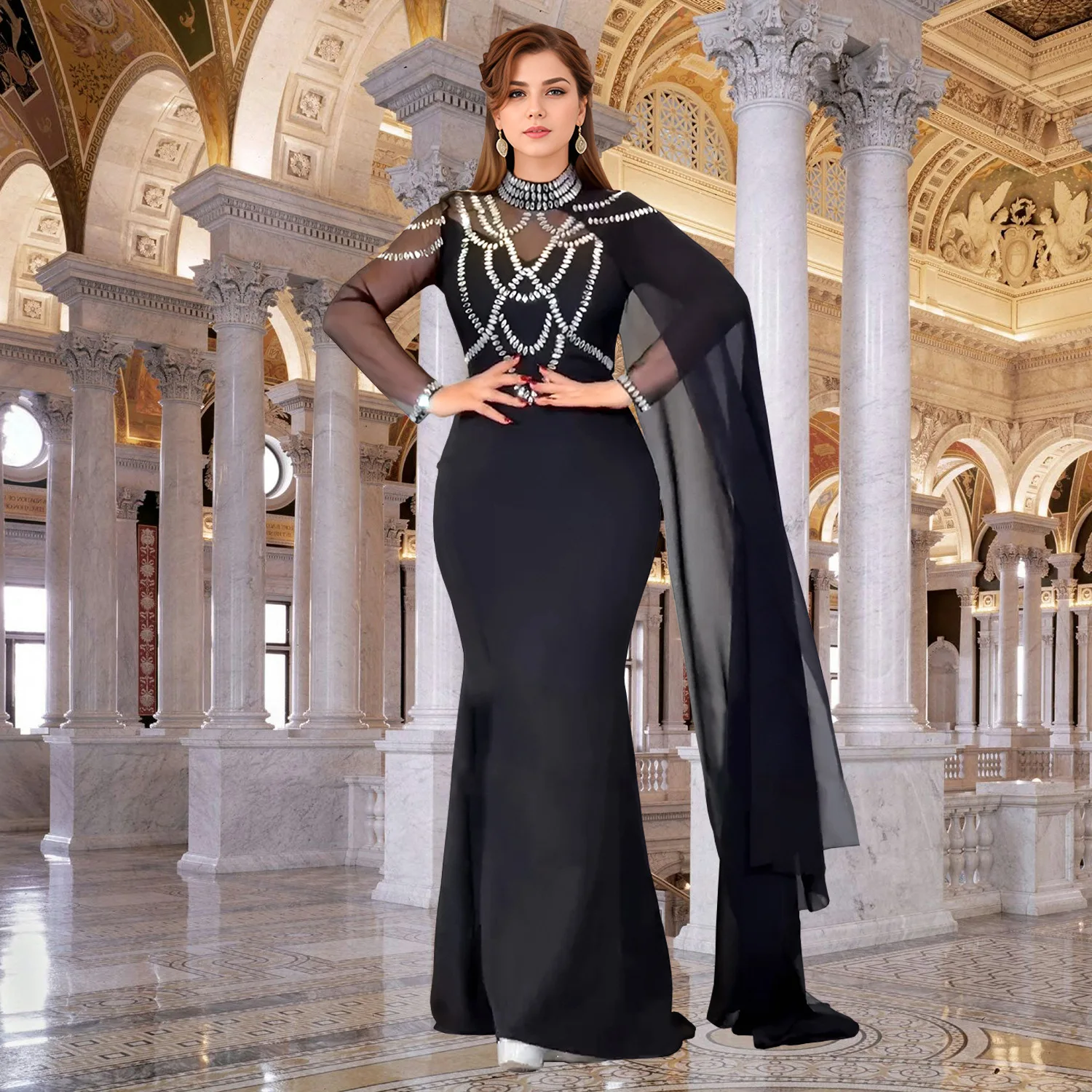 Fashionable and Elegant Women's Long Shawl Dress Middle Eastern Rhinestone Design Made Birthday Party Formal Gown Mermaid Dresse