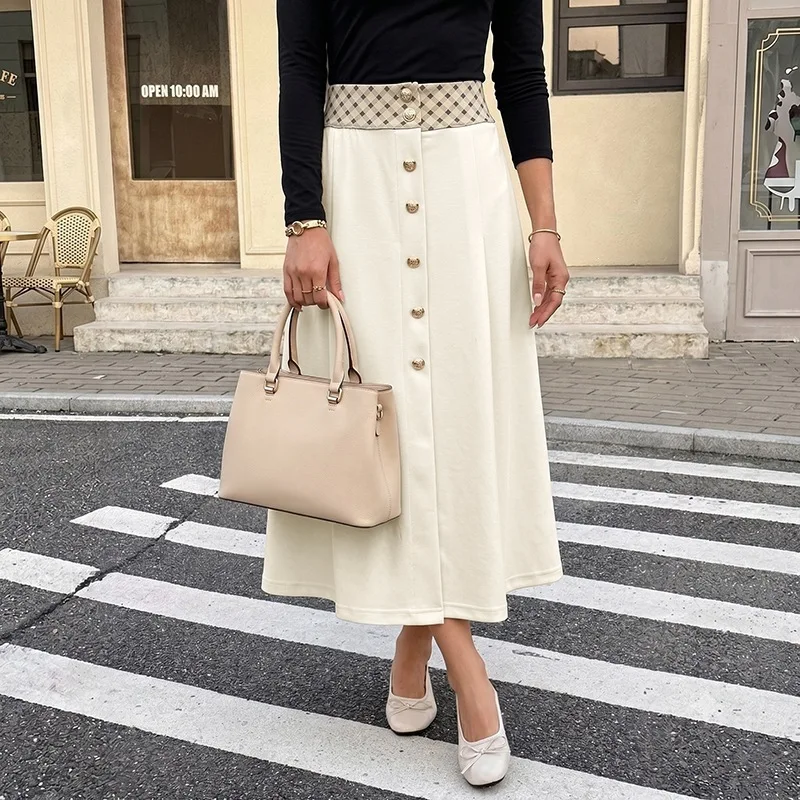 MsChuh Skirt Ropa Mujer Woman Clothing Clothes Plaid Waistband Single Breasted Midi A Line Skirt Elegant Office Daily Outfits