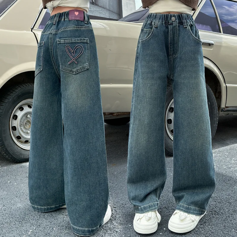 Teenage Girls' Wide Leg Jeans Spring Autumn Korean Casual Retro Blue Denim Pants Fashion Elastic Waist Trousers For Kids New Ar