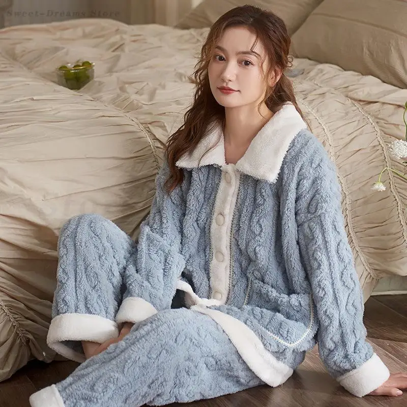 

Autumn Winter Pajamas Set Women Warm Flannel Sleepwear Long Sleeve Cardigan Loungewear Suit 2PCS Nightwear Homewear Pijama Mujer