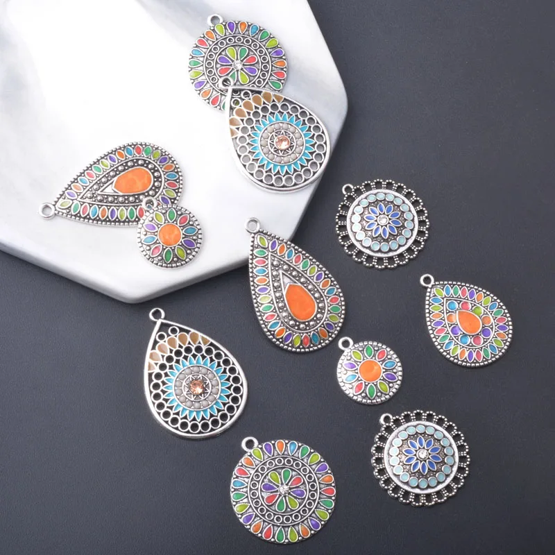 12pcs Bohemia Enamel Charms Antique Silvery Zinc Alloy Earrings Water Drop Pendant DIY Women's Jewelry Making
