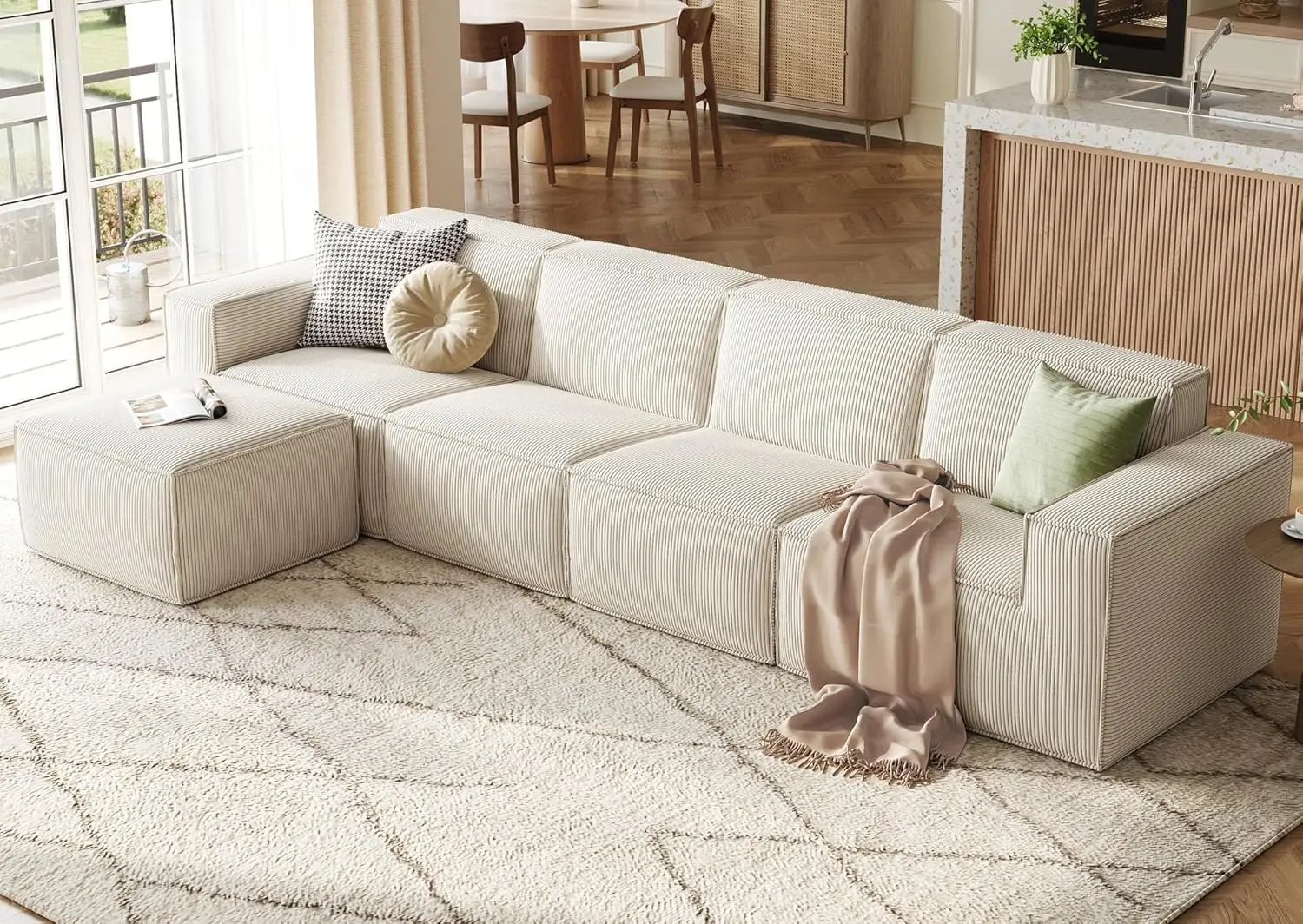 

Modular Sectional Sofa, 134' L Shaped 4-Seat with Movable Ottoman, Corduroy Cloud Couches, No Assembly, Beige
