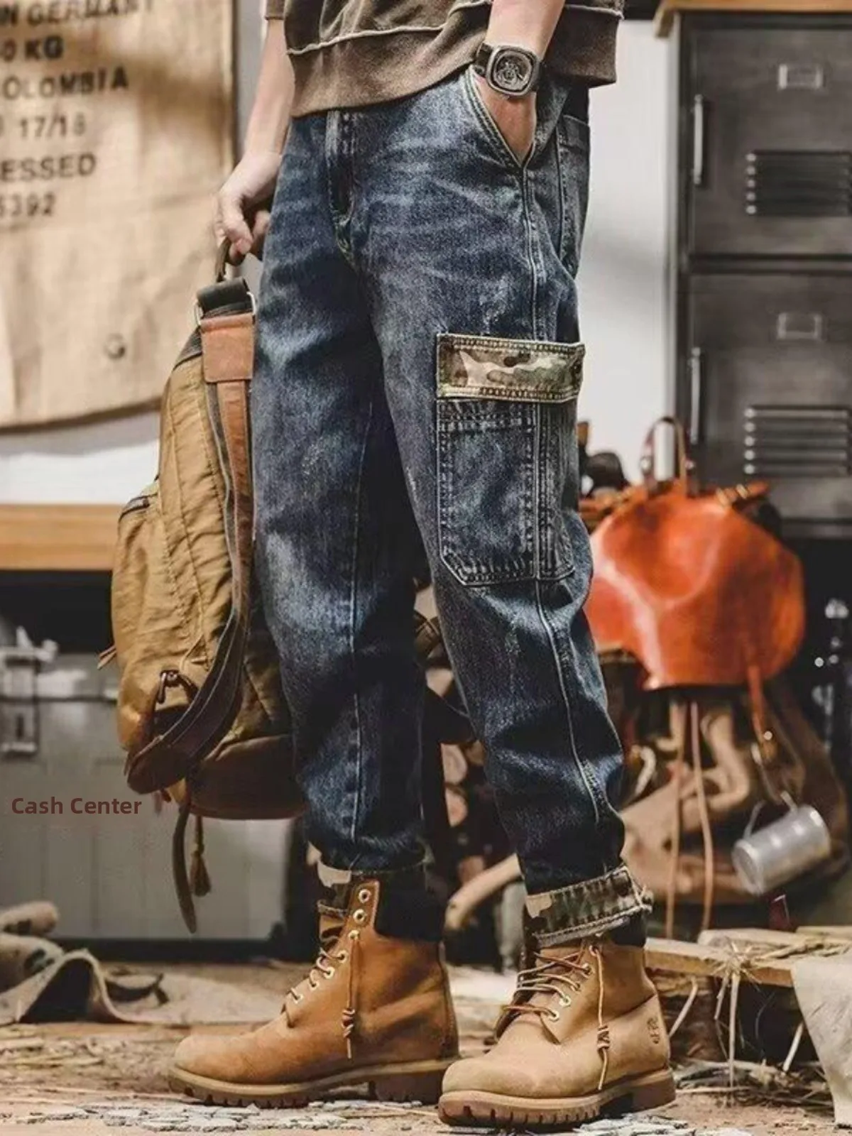 

American Casual Camouflage Print Workwear Jeans Men's Autumn Winter Straight Leg Slim Fit Vintage Blue Denim Trousers